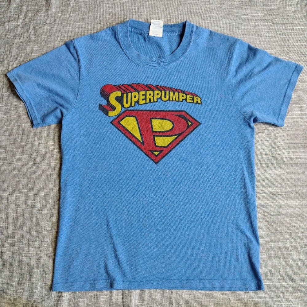 Superpumper Funny T-Shirt Kids Size Large Blue Superman Graphic